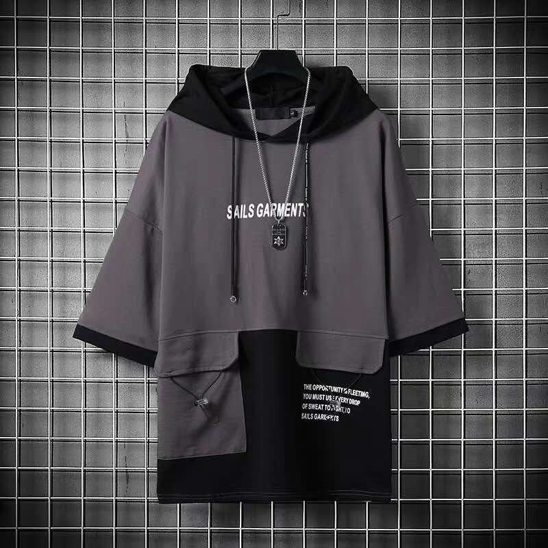 Men's oversized hooded T-shirt with casual patchwork design, short sleeves, and sports fitness style.