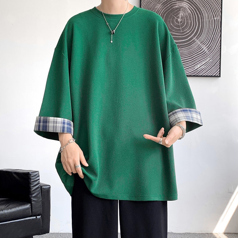 Spring Summer Men's oversized plaid T-shirt, three-quarter sleeves, casual Korean style.