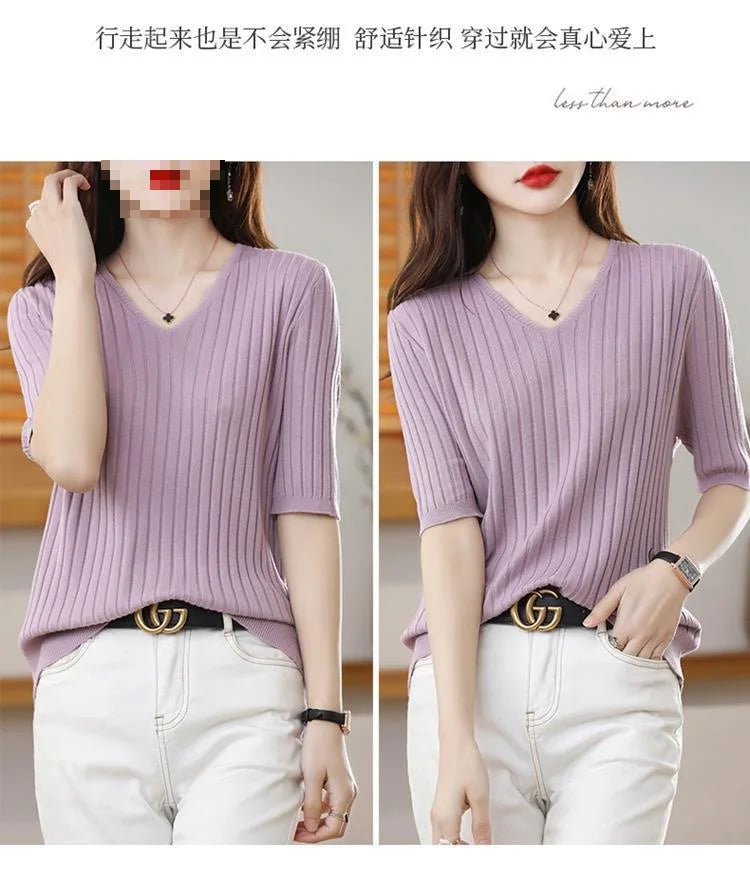 2023 New Spring Summer New Women's V-neck Short-Sleeved Exquisite Cashmere Knitted Sweater Pullover Solid Color