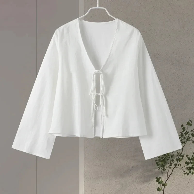 Cotton linen lace-up bow V-neck long sleeve women's top for spring 2024.