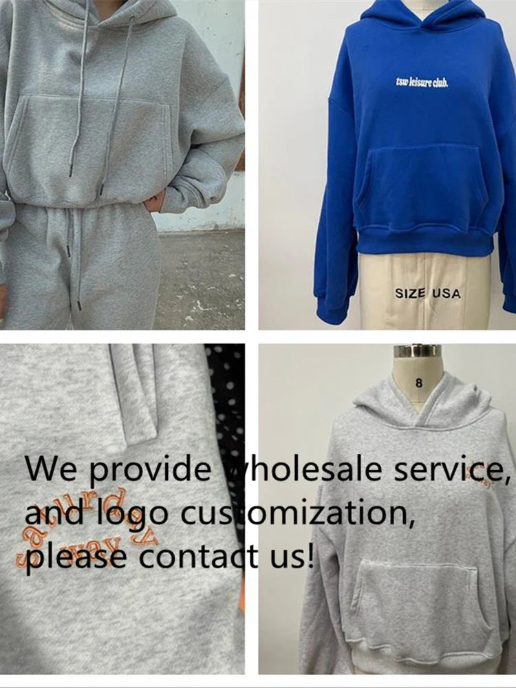 Women's casual tracksuit set with hoodies and sweatpants, available for wholesale and logo customization.