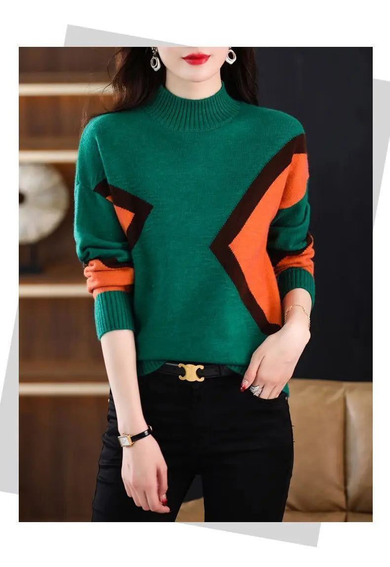 Velvet and Thickened Women's Top 2024 New Autumn/Winter Korean Edition Color Block Knitted Half High Neck Sweater