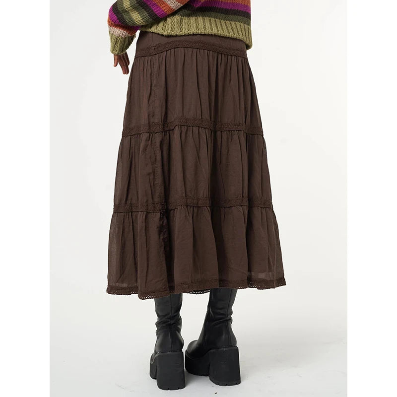 Retro Brown Long Skirts for Elegant Women's Casual Elastic Waist A-Line Skirt 2024 Autumn Fashion Loose Pleated Skirts S-L Size