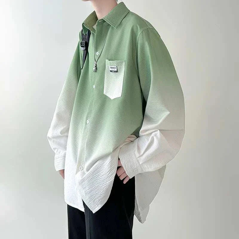 Men's gradient plicated long sleeve Korean shirt, casual oversize style in polyester fabric.