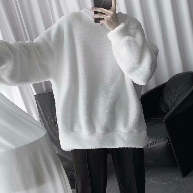 Oversize solid color lamb hair sweatshirt with O-neck and long sleeves, Korean fashion streetwear for men.