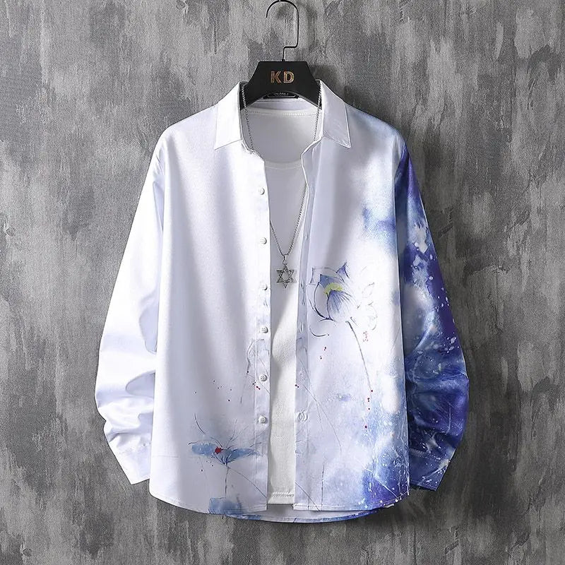 2024 New Spring and Autumn Fashion Chinese Style Landscape Painting Printing Handsome Ink China-Chic Long Sleeve Shirt Male