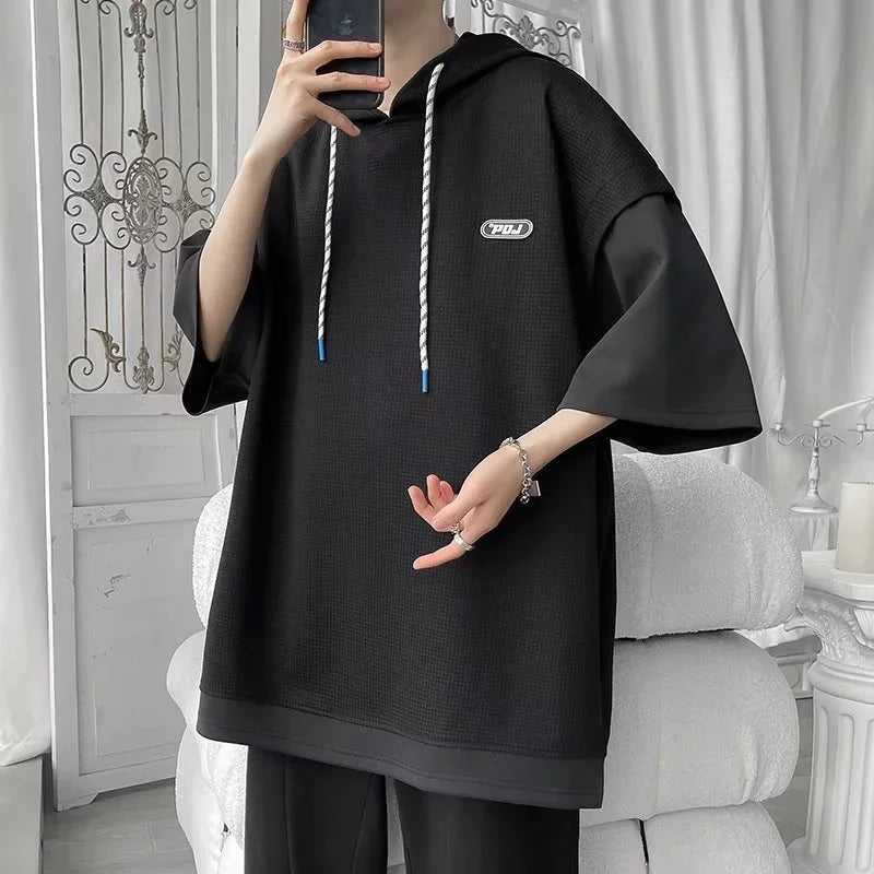 Summer Waffle Hooded Short Sleeve T-shirt, Y2K Streetwear, Black Oversize Tee for Men, Casual Fashion, Korean Style.