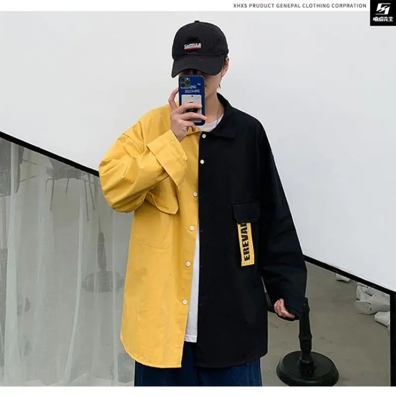 Men's oversized long-sleeved shirt coat in black and yellow, featuring a flip collar and letter print panel design.