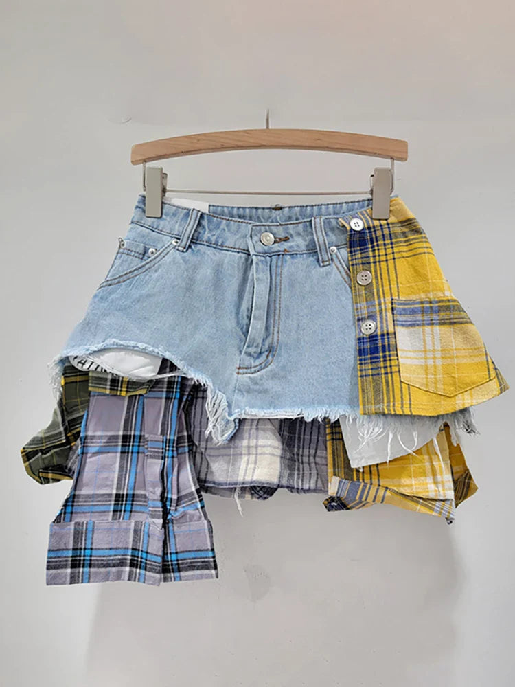 Women's denim skirt with colored plaid patchwork, irregular deconstructed A-line high waist mini design, featuring pockets.