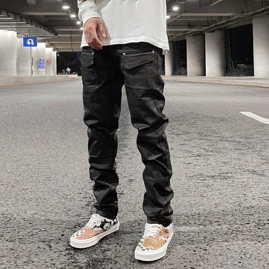 Streetwear Kanye Slim Fit Feet Coated Black Jeans Pants for Men Pocket Brushed Wax Tapered Pants Man Casual Cargo Jeans Y2k