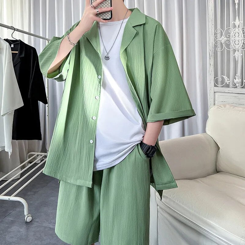 Korean style men's oversized shirt and shorts set in green with short sleeves and notched collar.