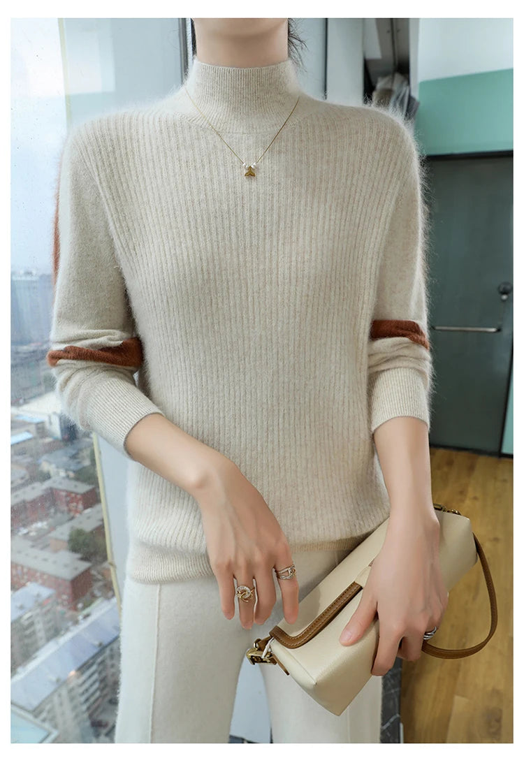 2024 Winter Ladies Turtleneck Mink Cashmere Sweater Women's Patchwork Color Base Knitwear Exquisite Super Warm Long Sleeve Top