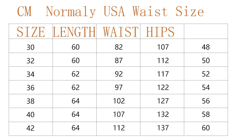 Size chart for men's casual green black military cargo shorts, waist sizes 30 to 42.