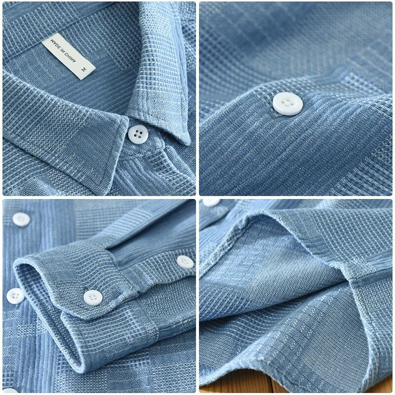 Blue vintage patch shirt for men, long sleeve, turn-down collar, pure cotton, casual wear.