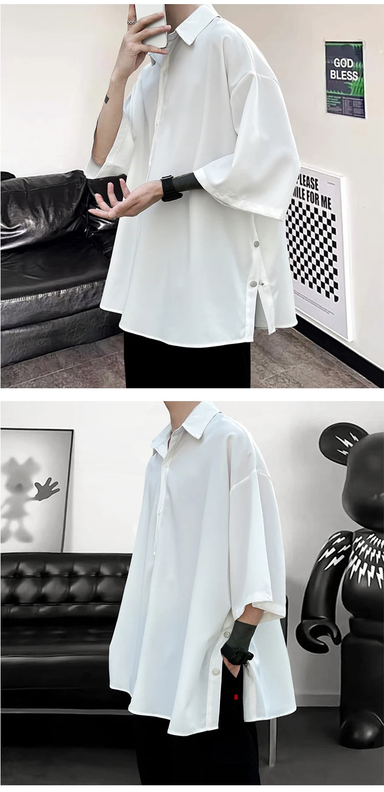 5 Colors Side Buttons Shirt Harajuku Solid Button Up Korean Short Sleeve Aesthetic Male Shirts Blouse Men Black White Yellow