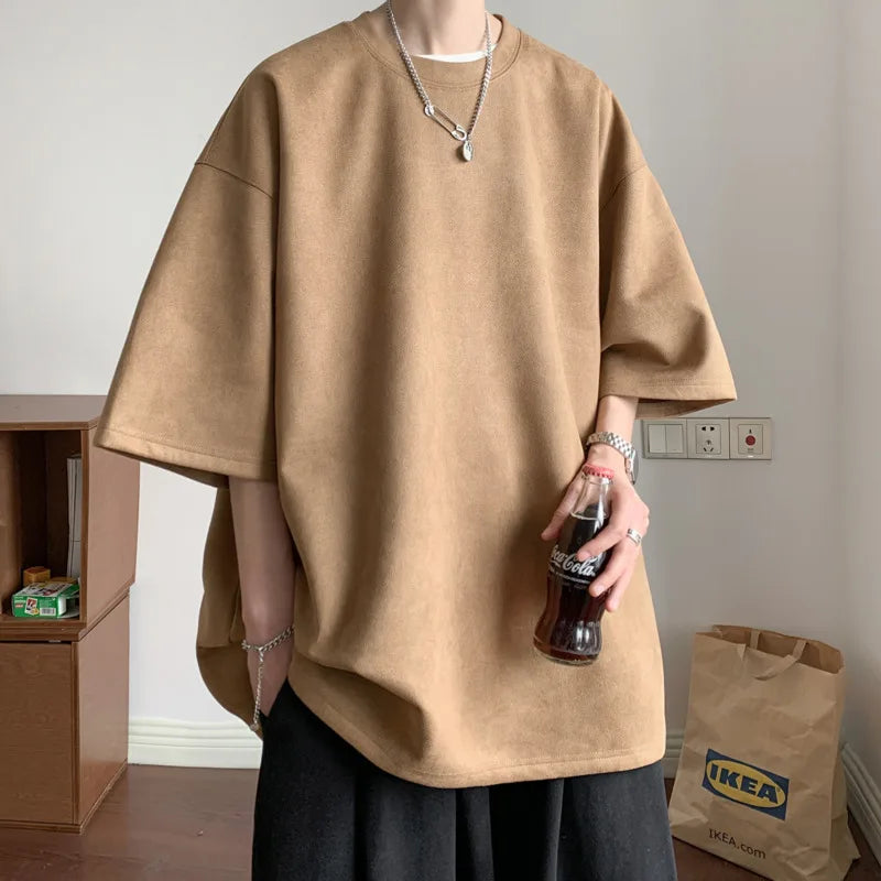 Men's suede summer fashion casual round neck solid color streetwear loose short-sleeved t-shirt.