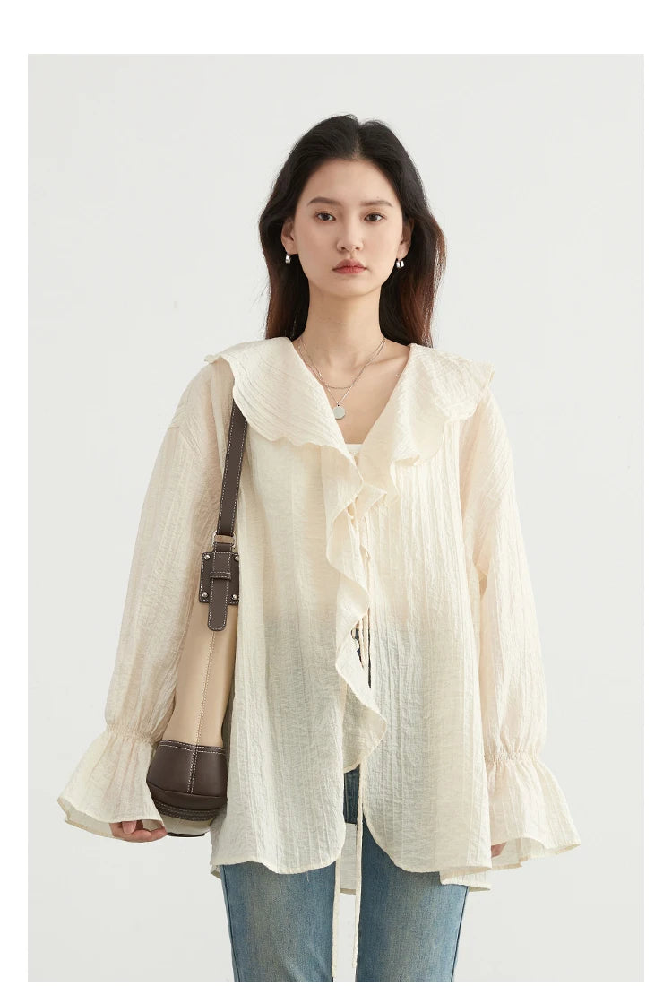 CHIC VEN Women Shirt Loose Casual Ruffled Edges Female Blouses V Neck Lace Up Mid Length Woman Shirts Spring Summer 2024