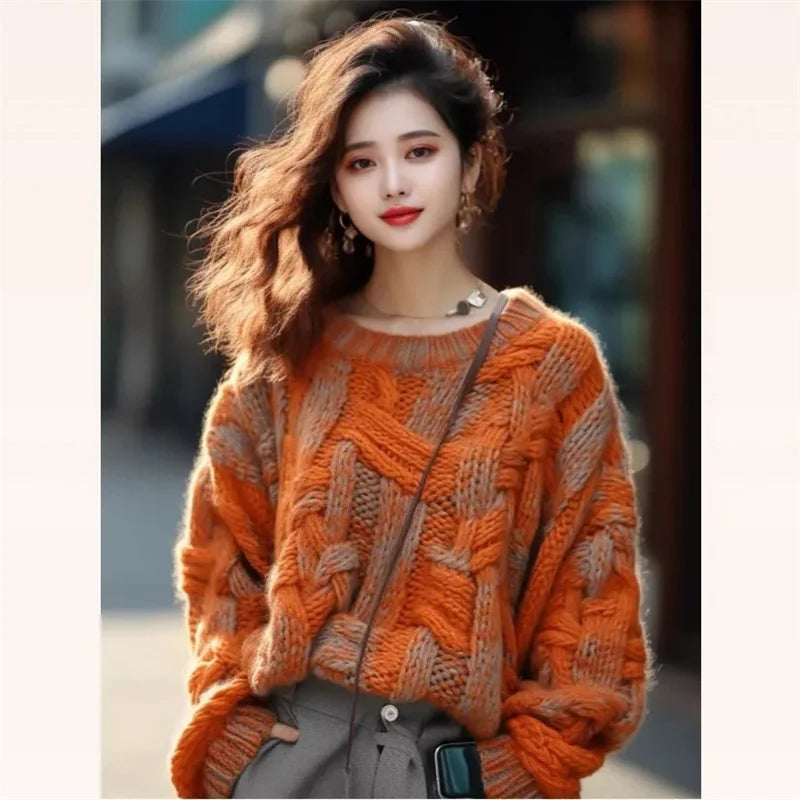 Korean Women Long Sleeves Xiaoxiangfeng Knitwear Winter Ladies Pullover Knitting 2024 Female Loose Fitting Thick Thread Sweater