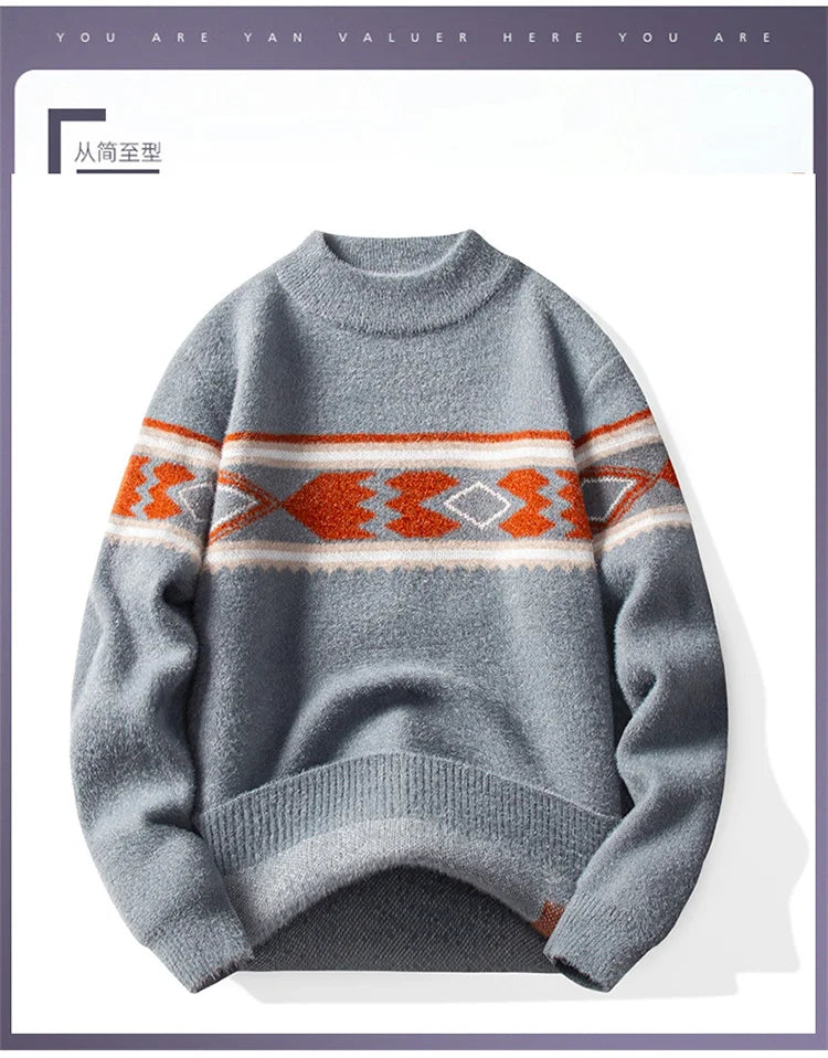 Autumn Winter Men Sweater Vintage Mock Neck Mens Knitted Pullovers Thicken Loose Harajuku Mens Retro Knitting Pullover Sweaters