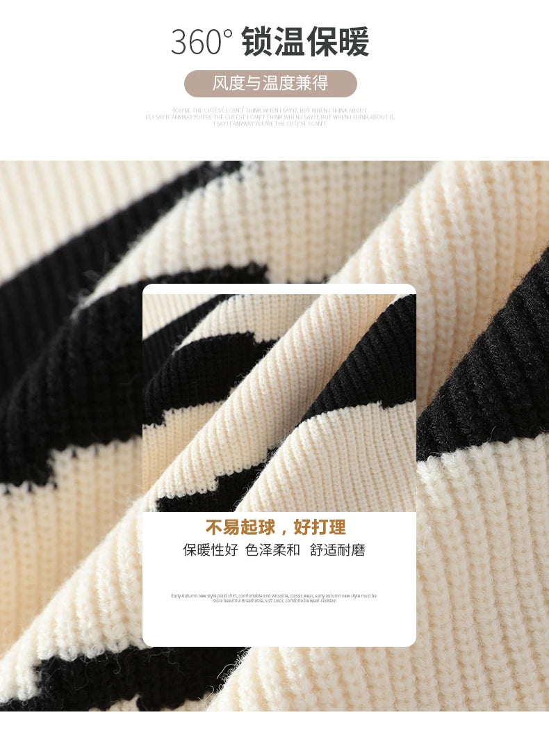 Japanese Retro Colorblocking Pullover Sweater for Men 2024 Autumn Winter New Round Neck Sweater Unisex Knit Sweater