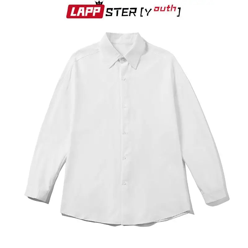 LAPPSTER-Youth Korean fashion black long sleeve shirt, 2023 men's Harajuku oversized button-up.