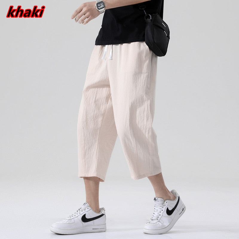 Men's summer casual linen pants, Korean style, loose fit, nine-point length.