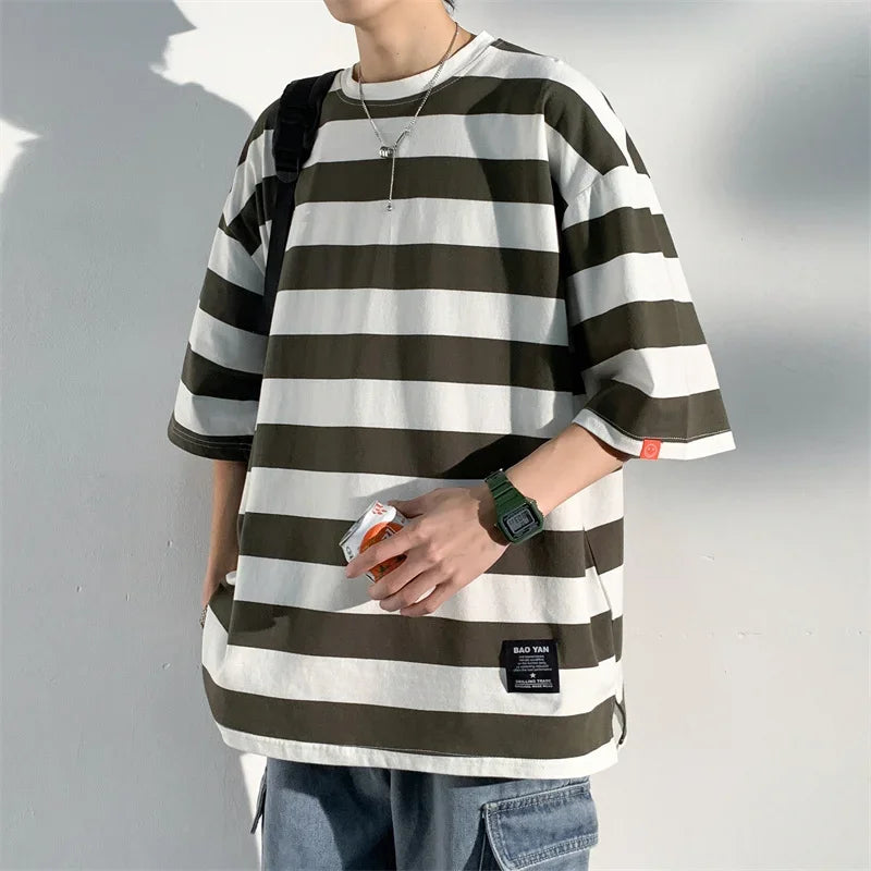 Men's Cotton T-shirt Striped Mens Oversized T Shirts Split Hem Fashion Tee Shirts Casual Wear Summer Tshirt 5XL Big Size for Man