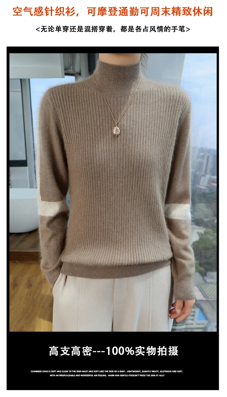 2024 Winter Ladies Turtleneck Mink Cashmere Sweater Women's Patchwork Color Base Knitwear Exquisite Super Warm Long Sleeve Top