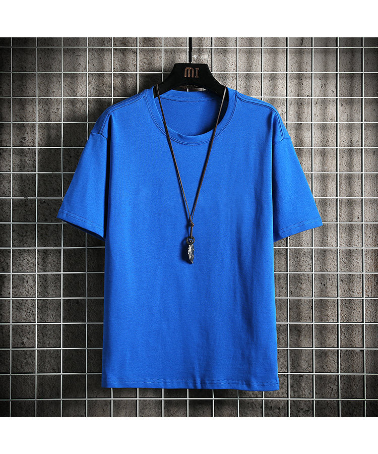 Men's short sleeve blue T-shirt for 2023 summer fashion, O-neck casual tee, plus size M-5XL, solid color, polyester acrylic blend.