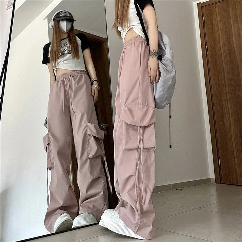 Zoki Harajuku Women Cargo Pants Streetwear Y2K Hip Hop Black Trousers Fashion High Waist Lace Up Female Loose Design Pants New