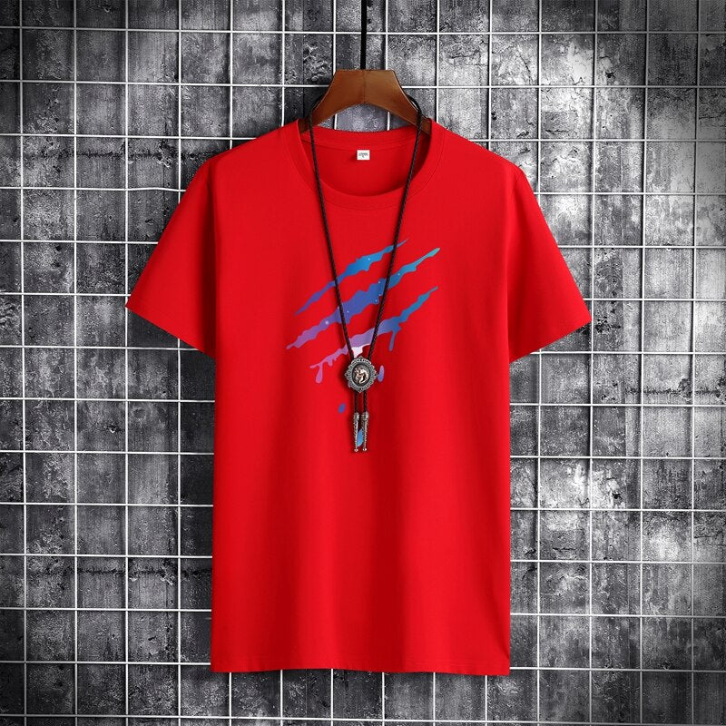 Men's red short sleeve O-neck T-shirt with claw design, casual summer fashion.