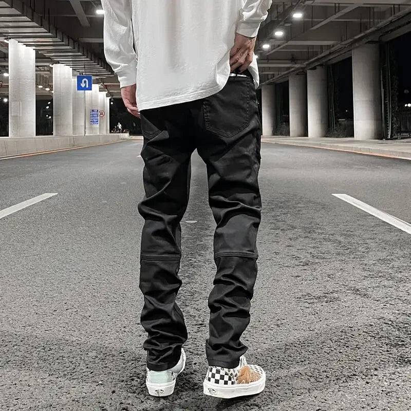 Streetwear Kanye Slim Fit Feet Coated Black Jeans Pants for Men Pocket Brushed Wax Tapered Pants Man Casual Cargo Jeans Y2k