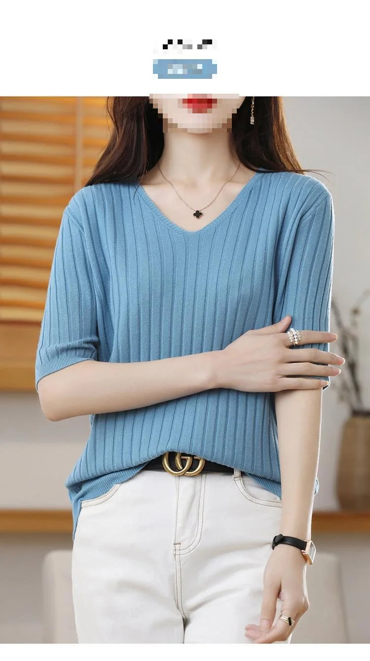 2023 New Spring Summer New Women's V-neck Short-Sleeved Exquisite Cashmere Knitted Sweater Pullover Solid Color