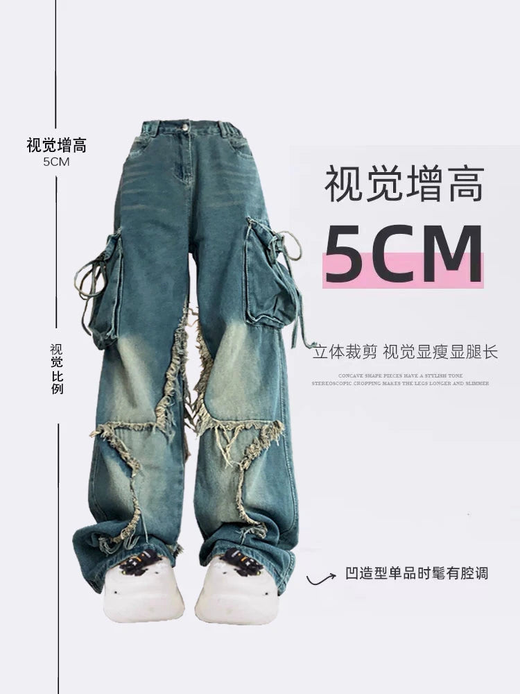 Women Blue Cargo Jeans Baggy Vintage 90s Aesthetic High Waist Cowboy Pants Harajuku Denim Trousers Y2k Trashy 2000s Clothes 2024