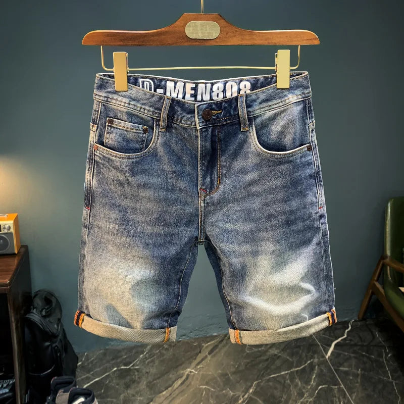 Men's brushed denim shorts with retro curling, stretch fit, suitable for summer casual wear.