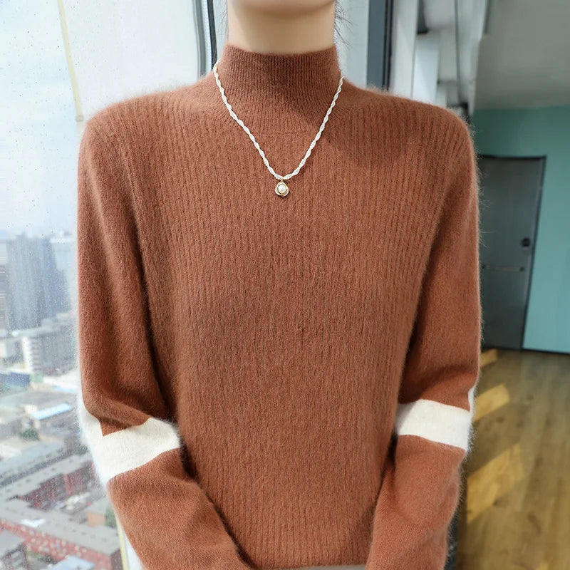 2024 Winter Ladies Turtleneck Mink Cashmere Sweater Women's Patchwork Color Base Knitwear Exquisite Super Warm Long Sleeve Top