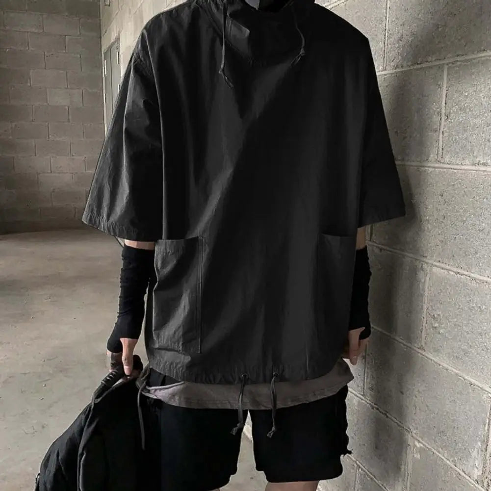 Hooded Cargo T-Shirt Hip Hop Techwear Loose Half Sleeve Men Pullover Pocket T-shirt Hooded Jacket Sweatshirts футболка мужская