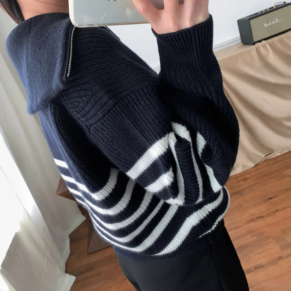 Women's Turtleneck Loose Lapel Striped Knitwear Women Pulovers New Simplicity Half Zipper Casual Fashion Women Sweaters 2024