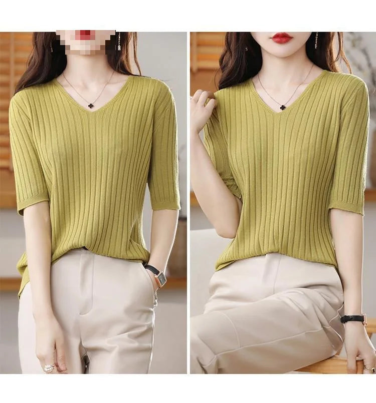 2023 New Spring Summer New Women's V-neck Short-Sleeved Exquisite Cashmere Knitted Sweater Pullover Solid Color