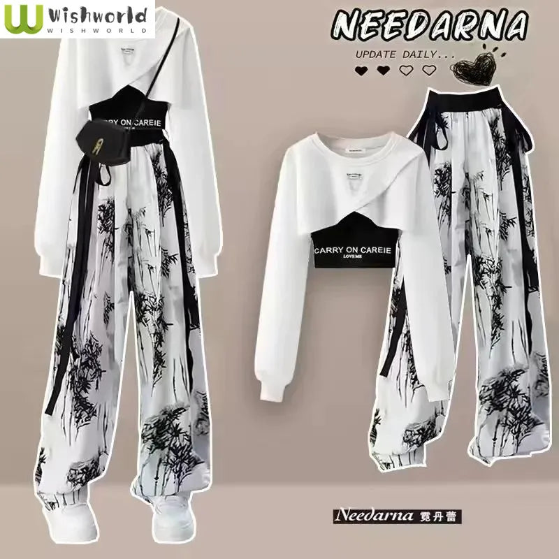 Women's Spring and Autumn Set, Korean design, featuring long-sleeved top, tank top, and ink wide-legged pants.