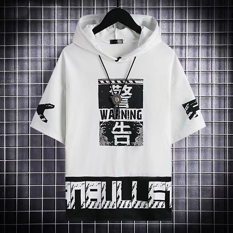 Hooded white T-shirt with graphic print, short sleeves, and patchwork design for men and women, casual summer wear.