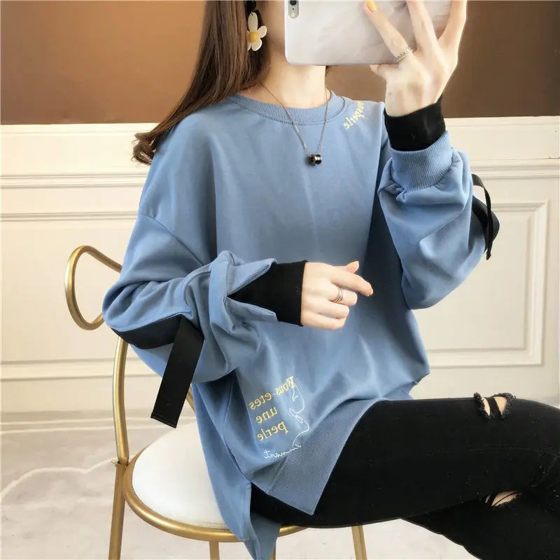 Autumn 2024 New Casual Patchwork Fake Two Pieces Sweatshirts Femme Simplicity Loose Irregular Pullover T-Shirts Women Clothing