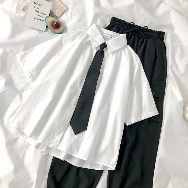 ZOKI White Shirts Women Fashion Black Tie Japan Style Preppy Students JK Girls Blouse Simple Solid Loose Summer Button Up Tops