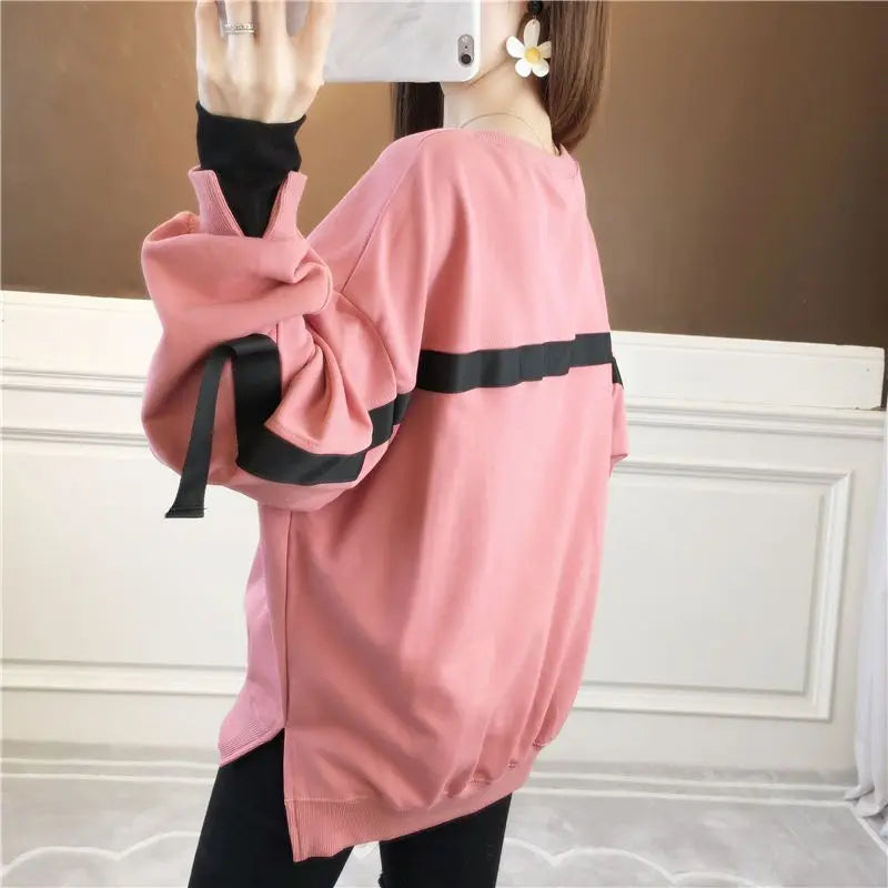 Autumn 2024 New Casual Patchwork Fake Two Pieces Sweatshirts Femme Simplicity Loose Irregular Pullover T-Shirts Women Clothing