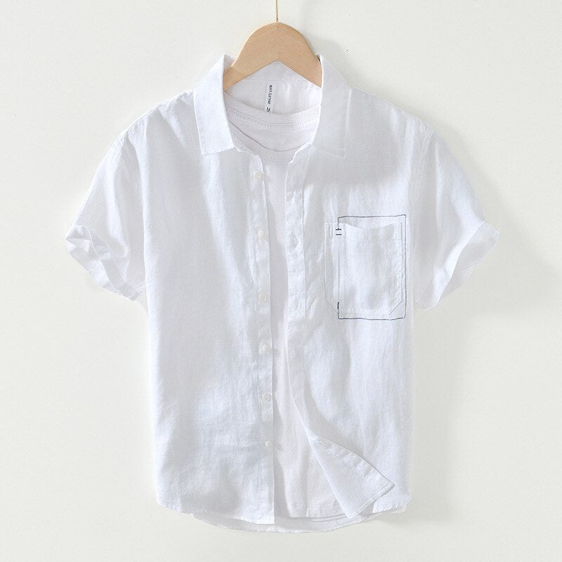 Men's casual short sleeve linen shirt, BL993, simple slim fit style.