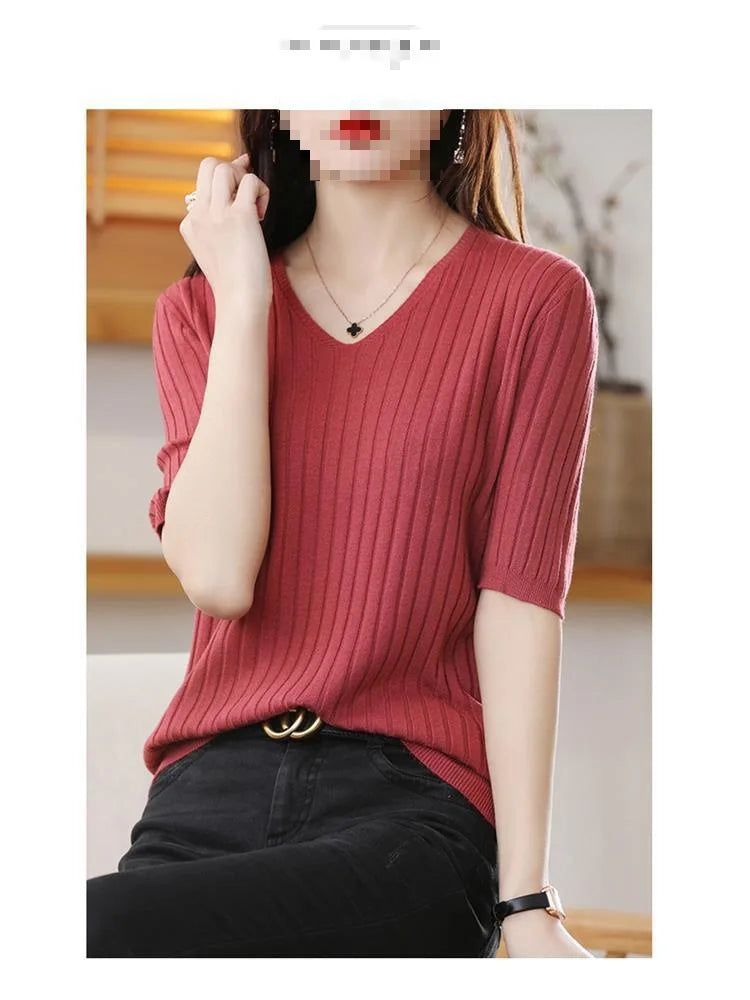 2023 New Spring Summer New Women's V-neck Short-Sleeved Exquisite Cashmere Knitted Sweater Pullover Solid Color