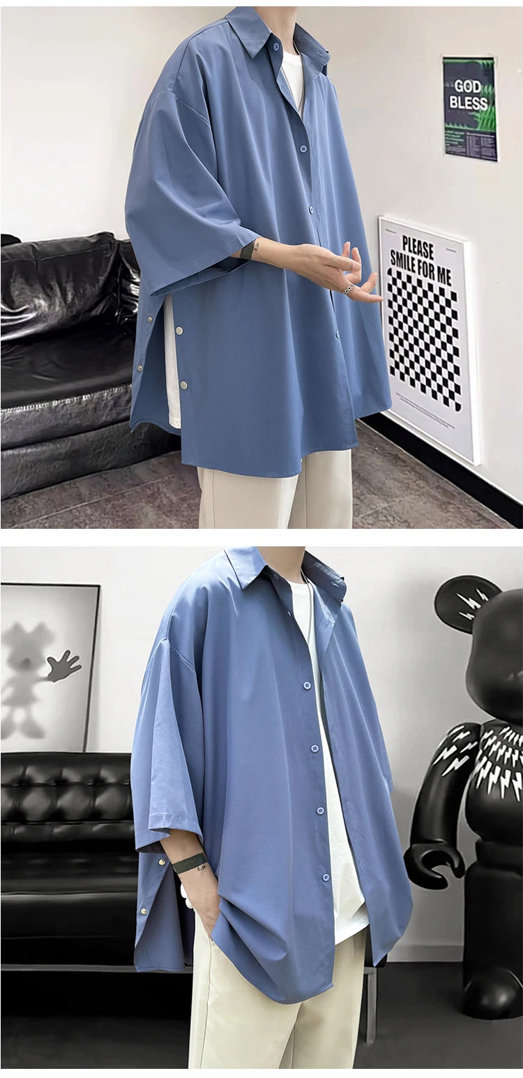 5 Colors Side Buttons Shirt Harajuku Solid Button Up Korean Short Sleeve Aesthetic Male Shirts Blouse Men Black White Yellow