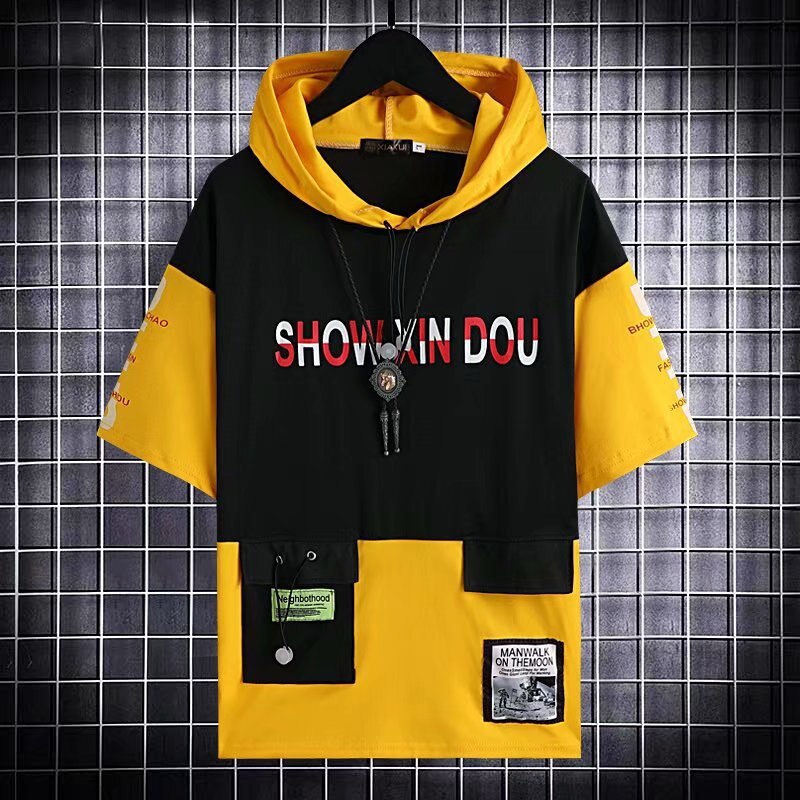 Summer oversized hooded short sleeve patchwork t-shirt for men and women in black and yellow, featuring printed design and casual sports style.