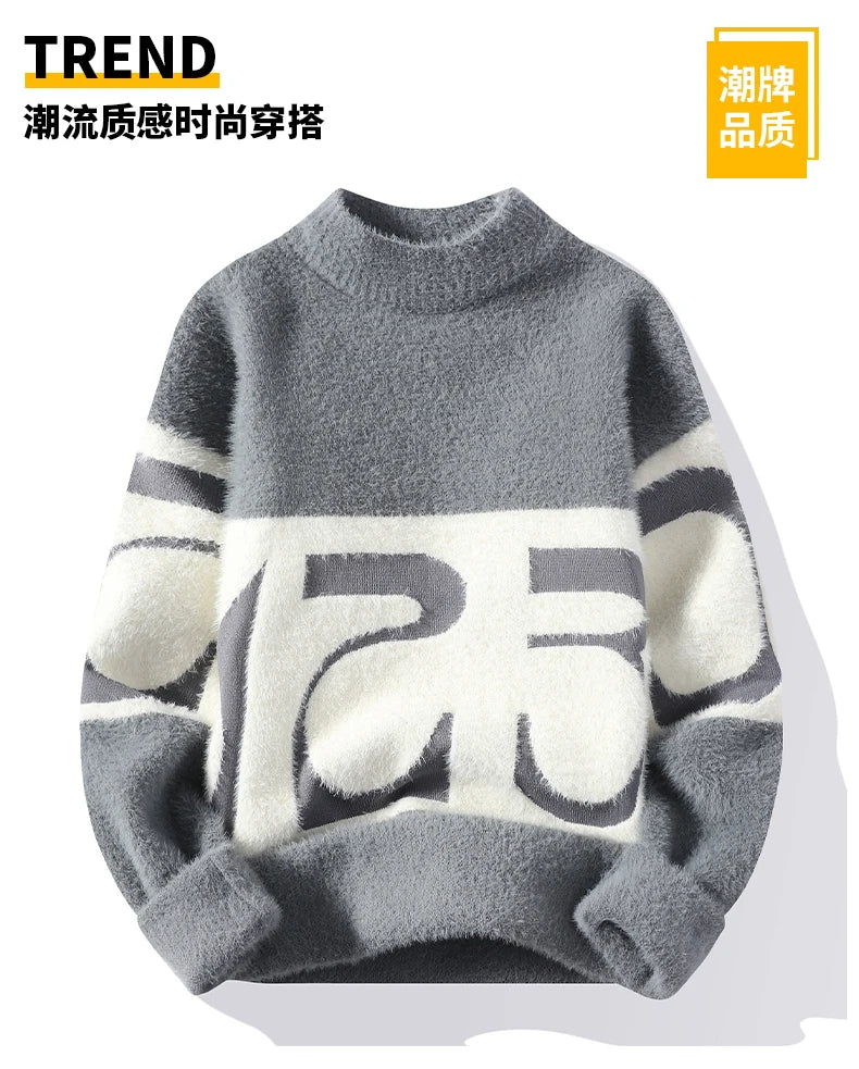 Autumn Winter New Fashion Round Neck Long Sleeve Patchwork Pullovers Men Clothing Loose Trend Knitting Sweater Men Korean Tops