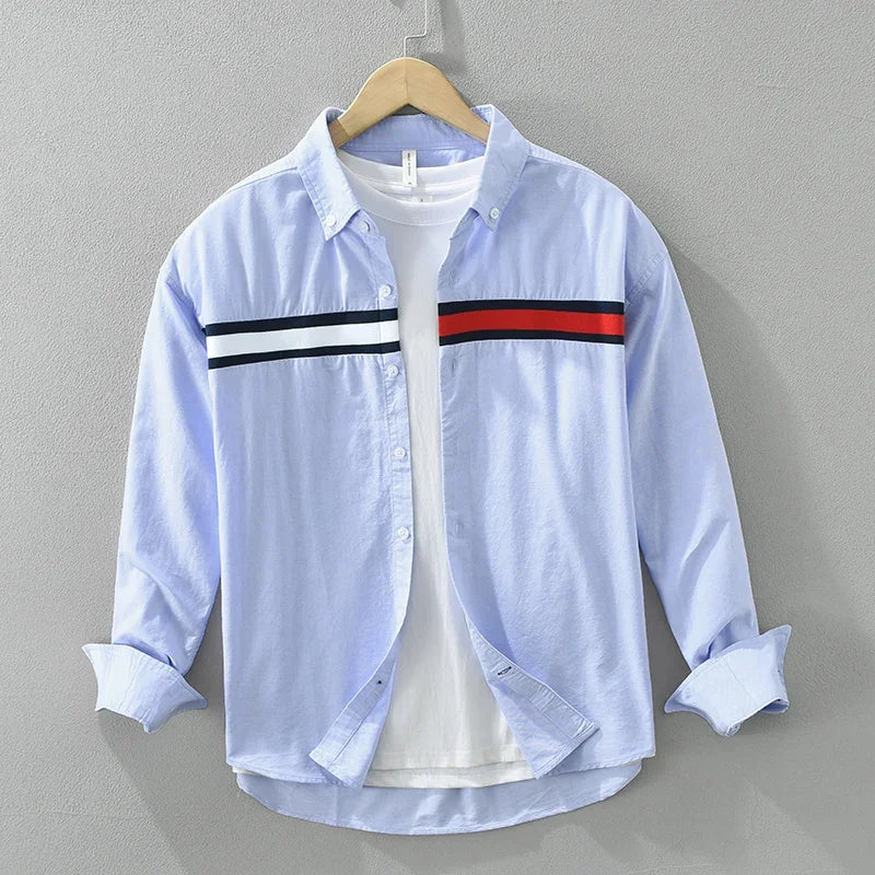 2024 Spring New Striped Patchwork Shirt for Men Cotton Loose Long Sleeve Shirts Fashion Dress Shirt